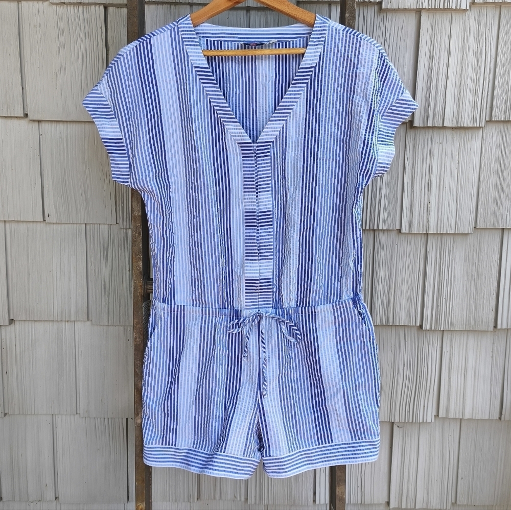 Vineyard Vines Seersucker Striped Shortall Romper sz S Blue White Beach Nautical